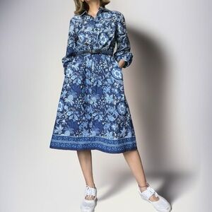 Talbots Blue Floral Buttoned A-Line Midi Dress Shirtdress Notched Collar Cottage